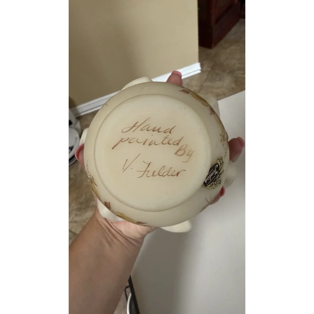 Fenton Custard Glass Ruffled Edge‎ Rose Bowl Vase Hand painted Signed Vintage